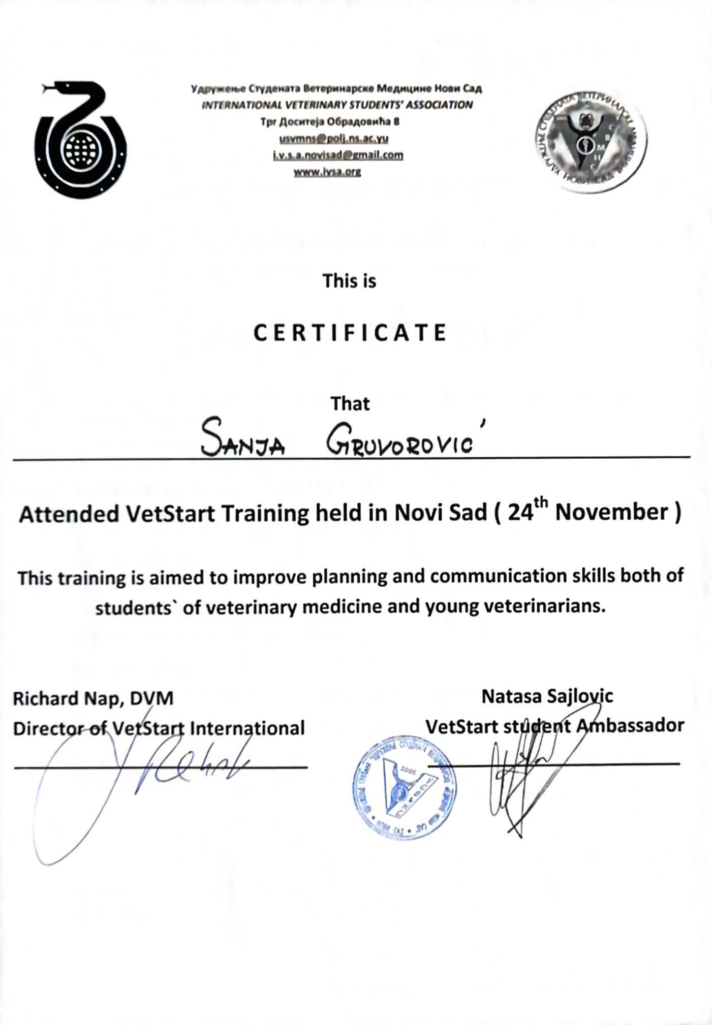 (24.10.2009. РС, Нови Сад) VetStart Training